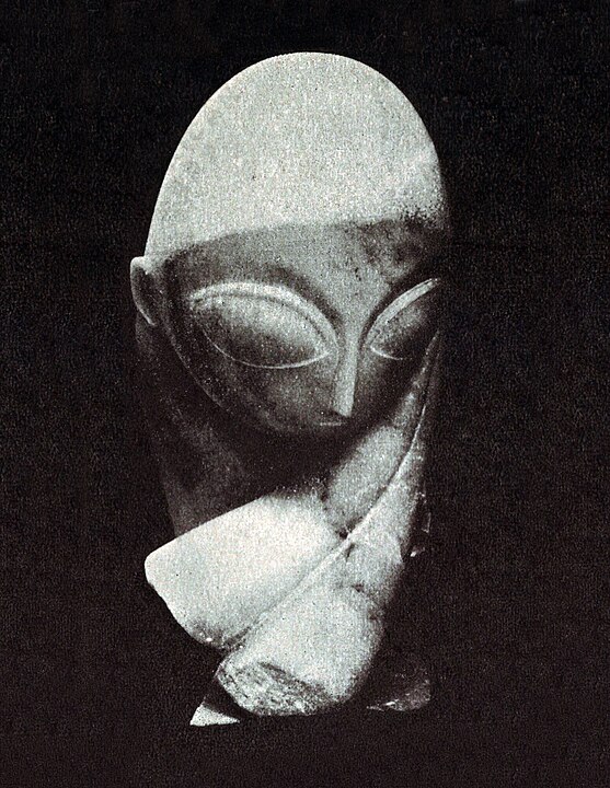 Constantin Brâncuși, <em>Portrait of Mademoiselle Pogany</em>, 1912, White marble; limestone block.