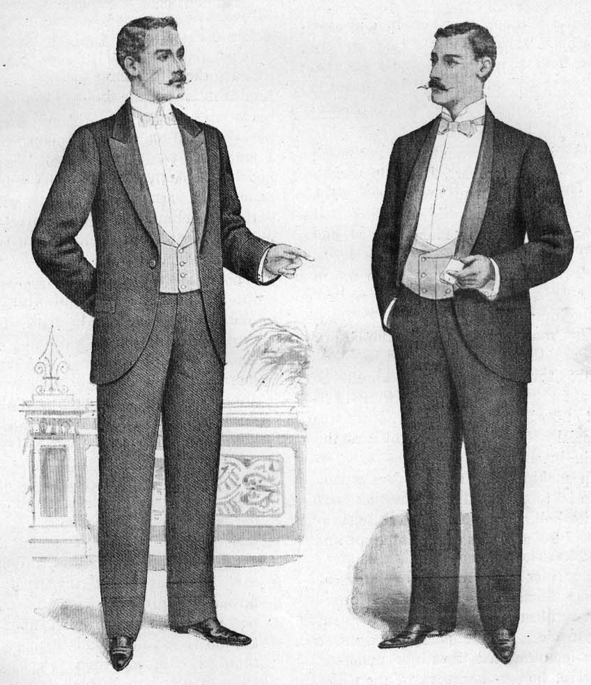 Illustration of British peaked lapel and shawl collar dinner jackets, 1898.