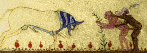 The scene on the right of the erotic fresco in the Tomb of the Bulls.