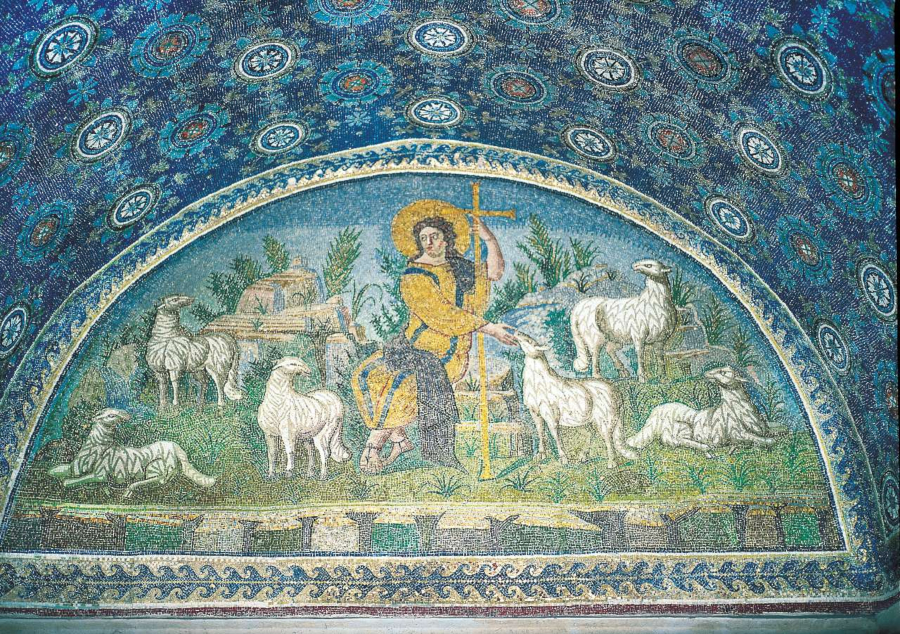 Good Shepherd, first half of the fifth century. Mosaic. Ravenna, Mausoleum of Galla Placidia.