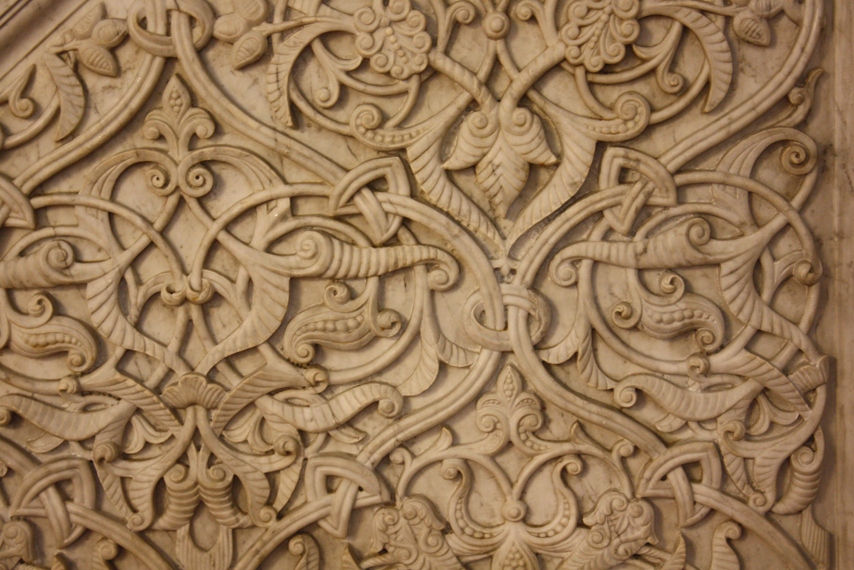 Stone relief with arabesques of tendrils, palmettes and half-palmettes in the Umayyad Mosque, Damascus, Syria.