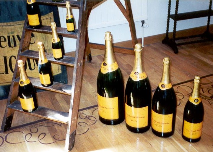 Side-by-side comparison of various sizes of champagne bottles.