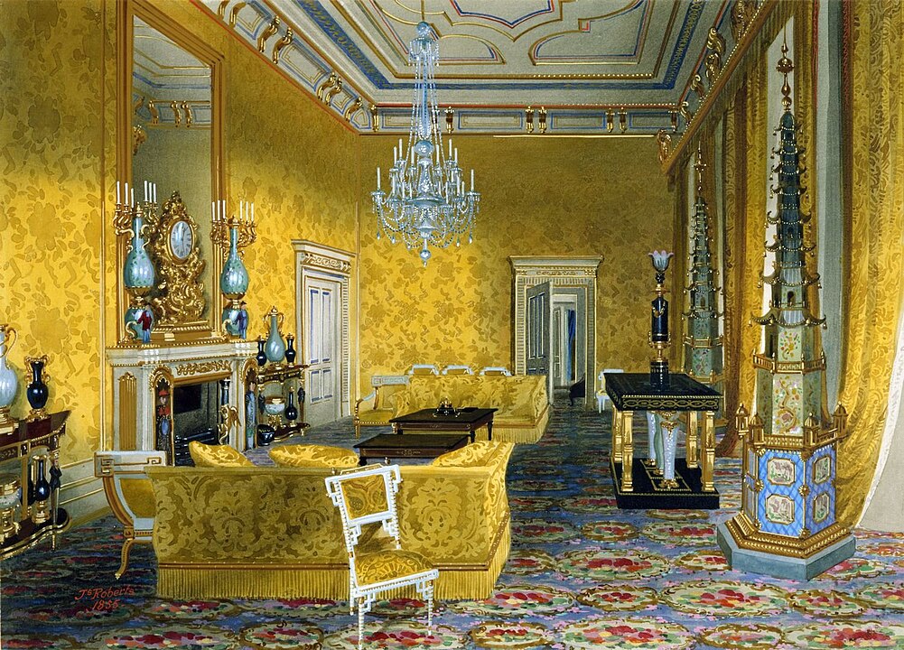 The Yellow Drawing Room at Buckingham Palace is rife with chinoiserie designs.