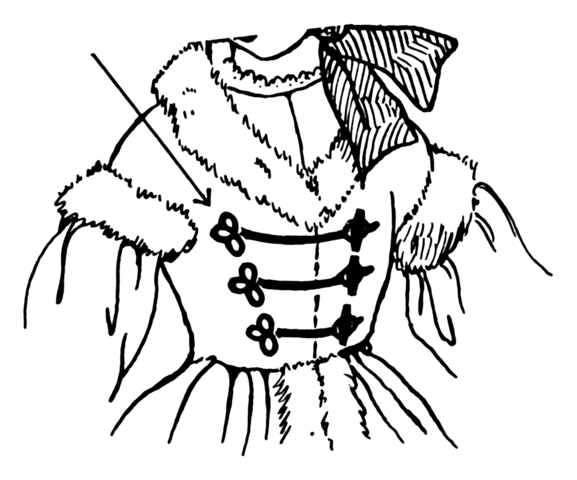 Frog fasteners on the bodice opening of a dress.