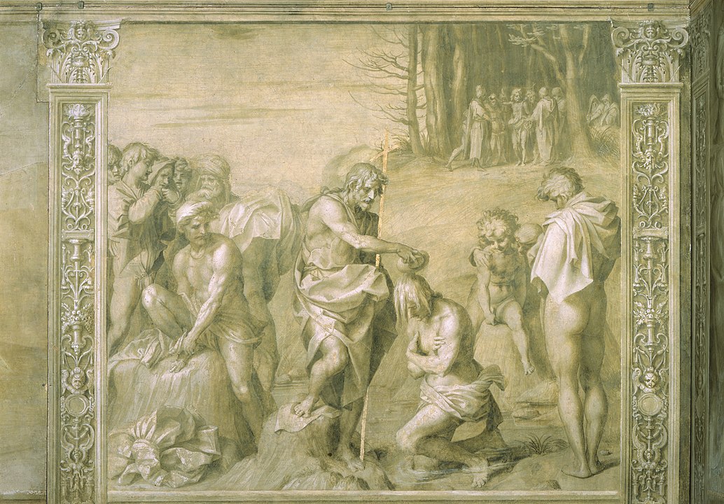<em>Battesimo della gente</em>, one of Andrea del Sarto's gray and brown grisaille frescoes in the Chiostro dello Scalzo, Florence (1511-26)