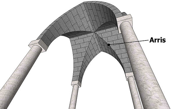 A groin vault (with pointed Gothic profile) viewed from the underside, showing the arris or 'groin'.