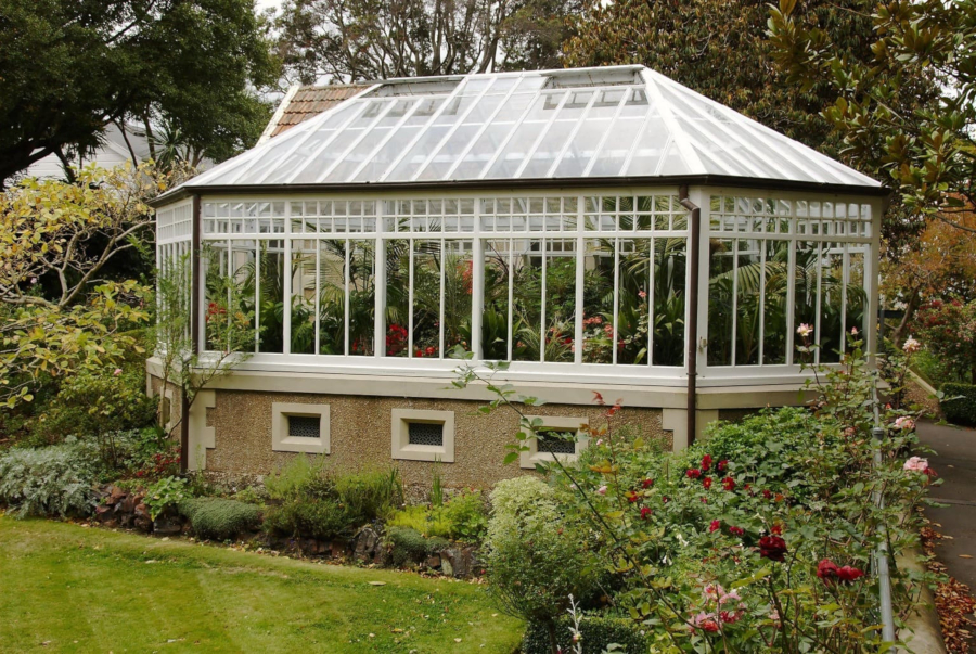 A hot-house with tropical plants inside.