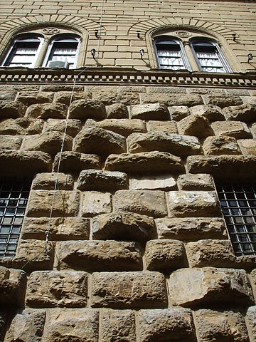 Two different styles of rustication in the Palazzo Medici-Riccardi in Florence; smooth-faced above and rough-faced below.
