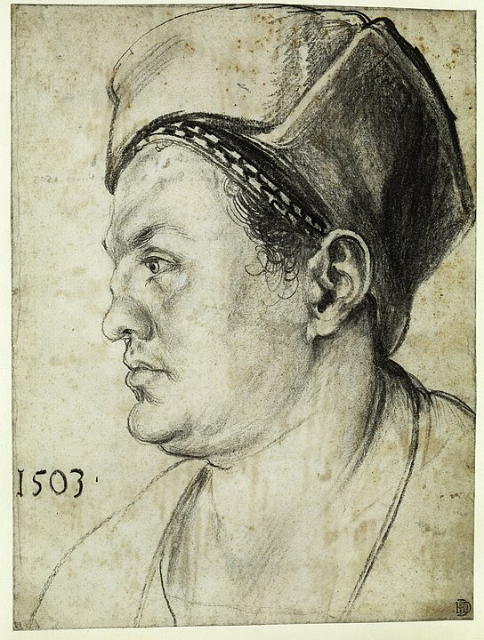 Willibald Pirckheimer by Dürer, 1503, charcoal drawing, Kupferstichkabinett Berlin.